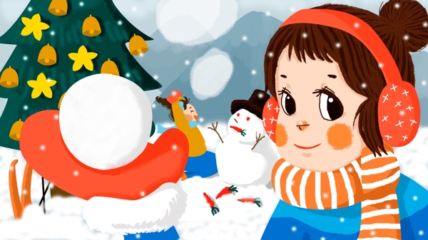 原创插画圣诞节我们一起打雪仗堆雪人