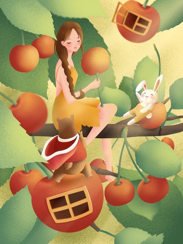 原创手绘插画创意水果女孩与樱桃