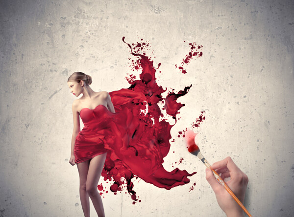 画笔下红色裙子的女人图片