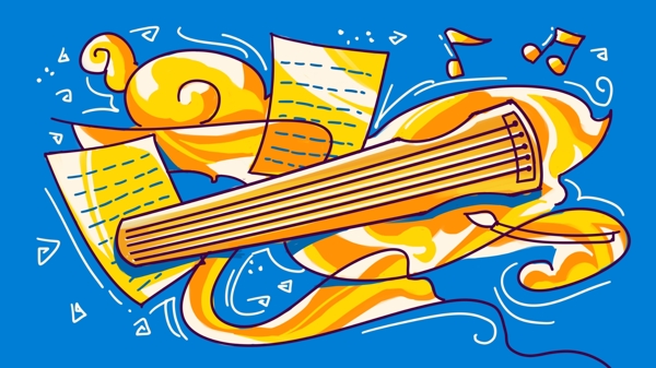音乐节时尚线稿描边撞色古琴乐器手绘插画