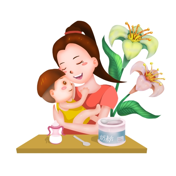 可商用母亲抱婴儿鲜花手绘场景
