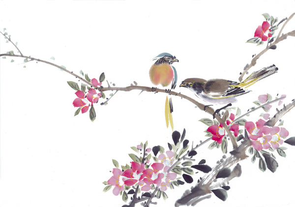 动物小鸟喜鹊油墨画花丛中华艺术绘画