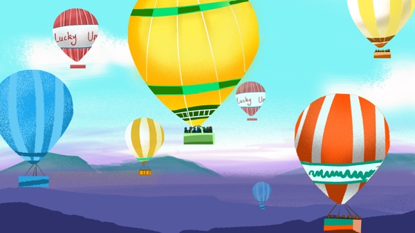 五彩热气球的国度旅游出行插画