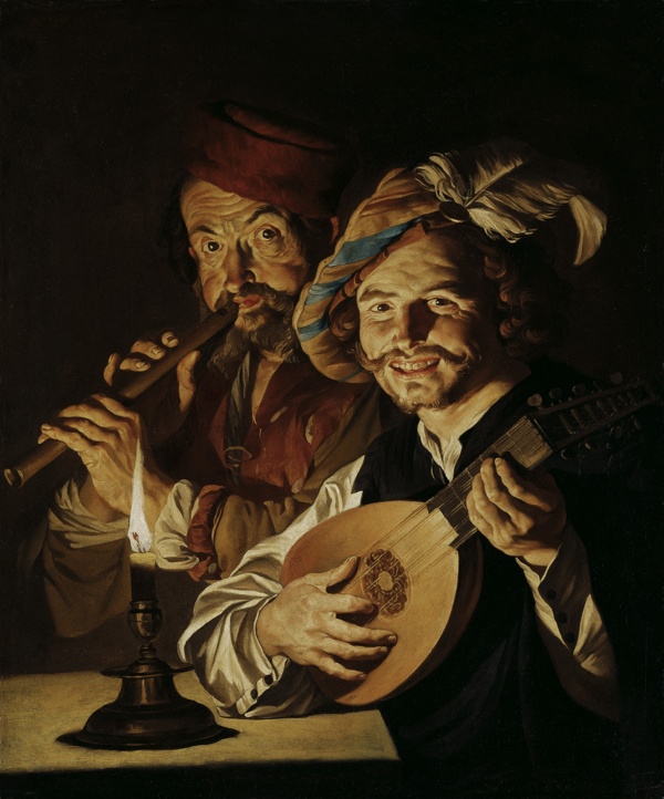 弹琴吹笛子的欧洲男子油画图片