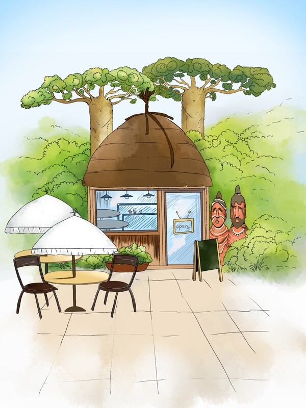 埃塞俄比亚风格咖啡屋小清新树林插画