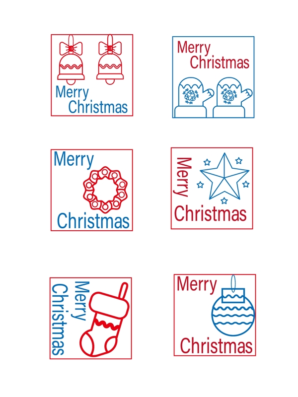 圣诞邮票邮戳小贴纸可爱线性红蓝矢量可商用