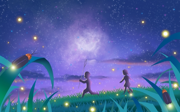 夏季夜空人物插画合成背景素材