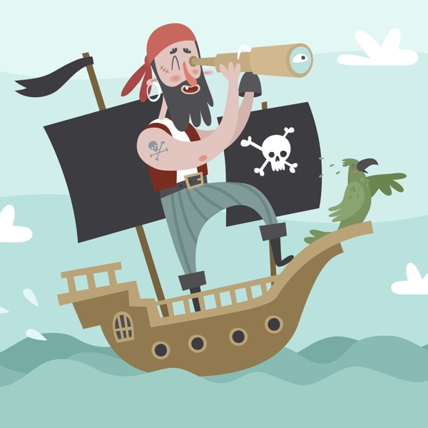 卡通用望远镜的海盗