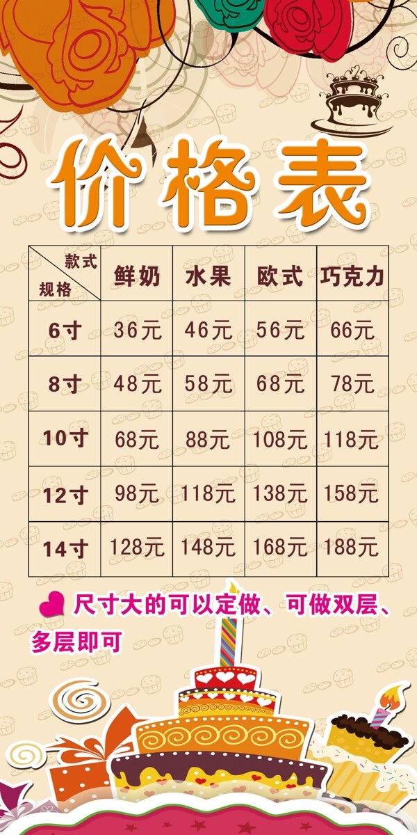 蛋糕價格表