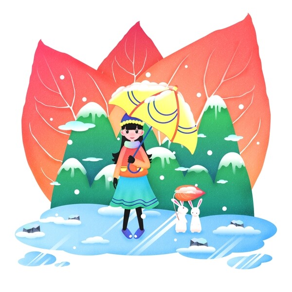 二十四节气小雪之女孩雪天打伞原创商用元素