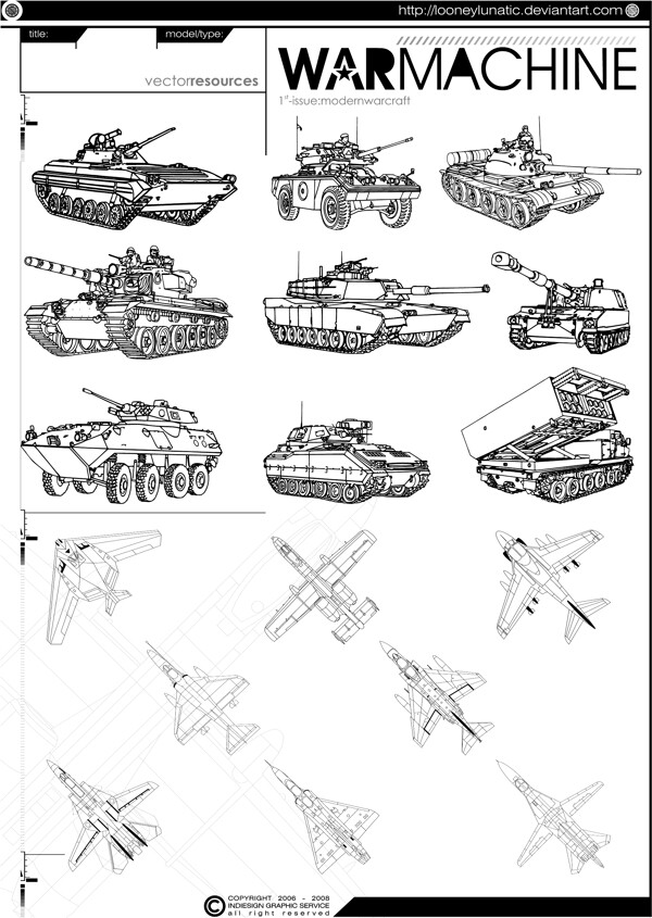 线描战斗机与坦克图片