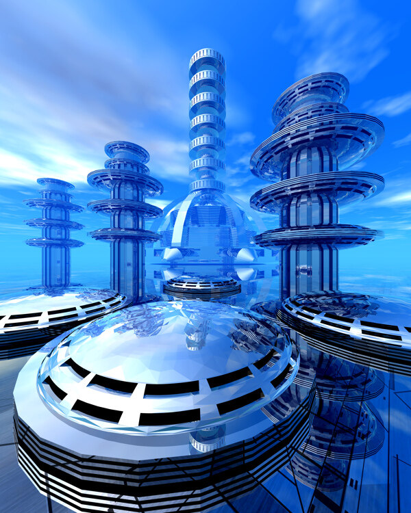 商業(yè)空間樓房建筑效果圖高樓大廈高科技區(qū)水滴科幻