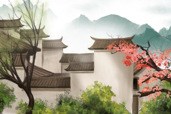 江南小镇建筑复古背景海报素材图片