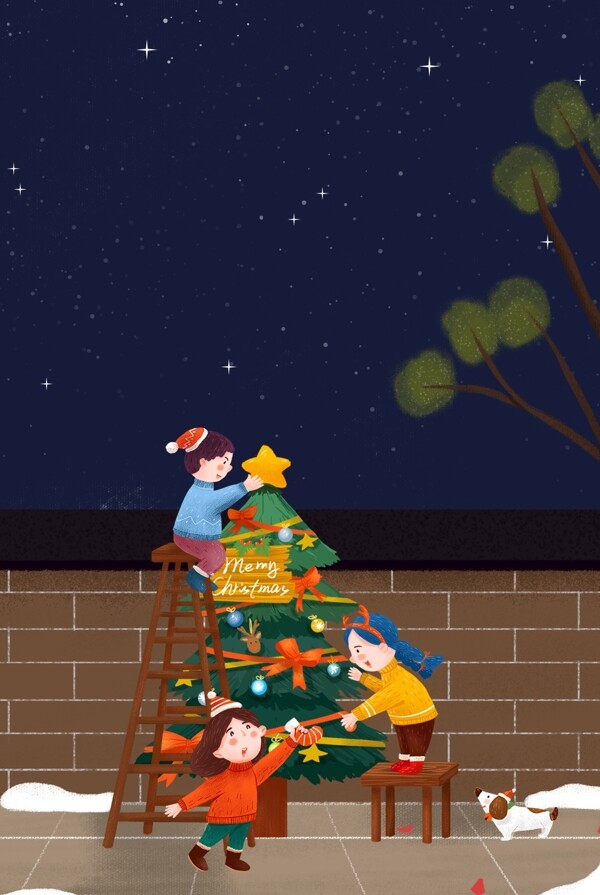 圣诞节装饰圣诞树的朋友插画海报