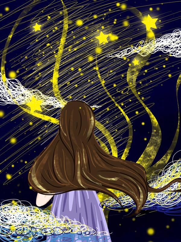 線條星空下的女孩插畫