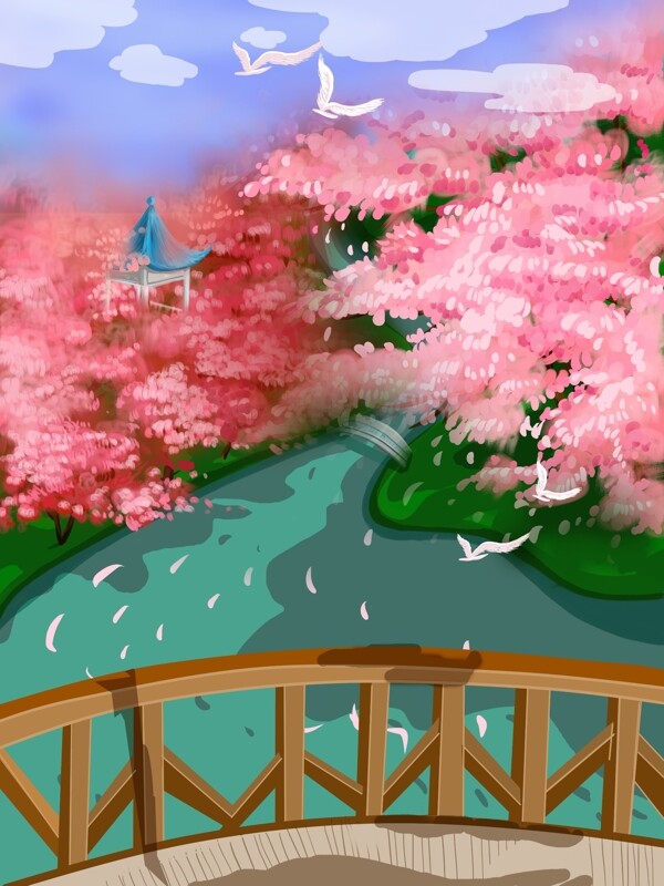 春季日本樱花园旅游背景设计