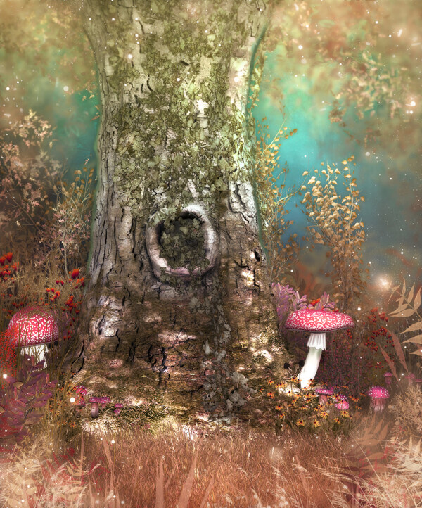 童话背景古树蘑菇图片