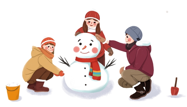 二十四节气之小雪堆雪人主题插画