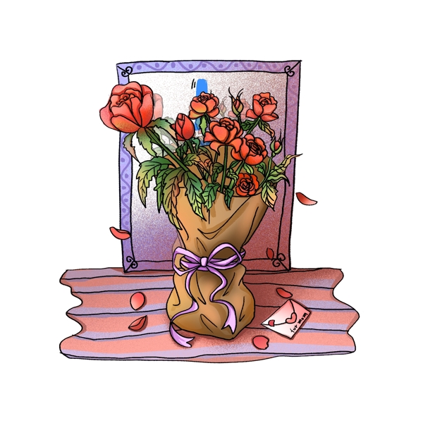 原创手绘母亲节玫瑰花束元素