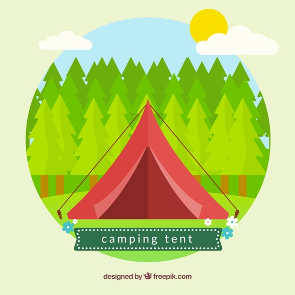 绿色郊外中的红色帐篷矢量素材