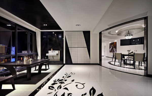 现代冷感客厅黑色花纹瓷砖地板室内装修图