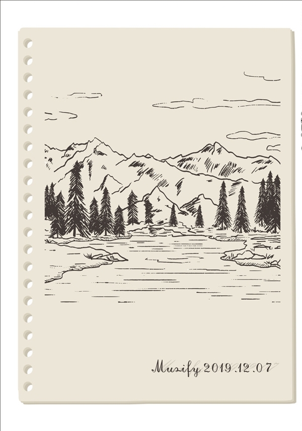 雪山湖泊素描画