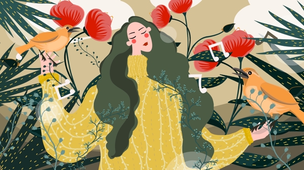 節(jié)氣秋分女孩在花叢中手繪插畫