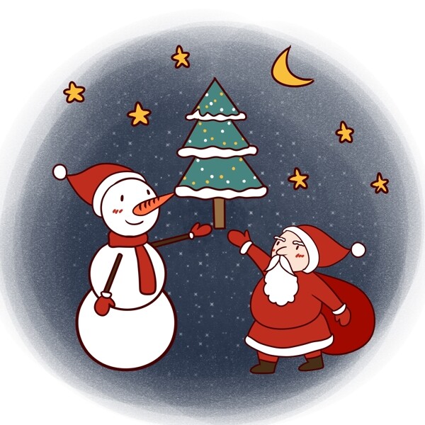 手绘卡通可爱圣诞节圣诞老人与雪人