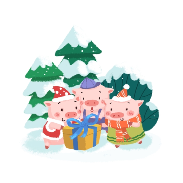 2019年猪年原创手绘三只小猪春节插画系列透明底