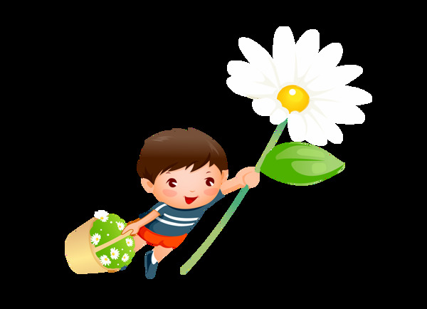 卡通男孩拿花朵png元素