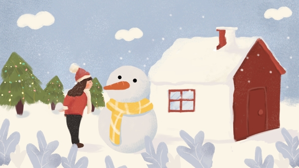 十一月你好清新冬天插画雪人房子PSD模板