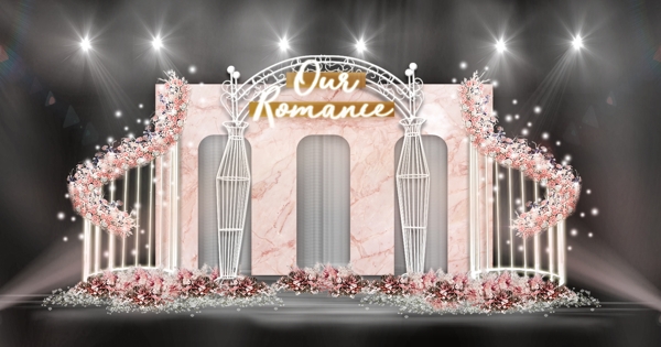 粉色大圆弧花艺舞台欧式镂空拱门婚礼效果图