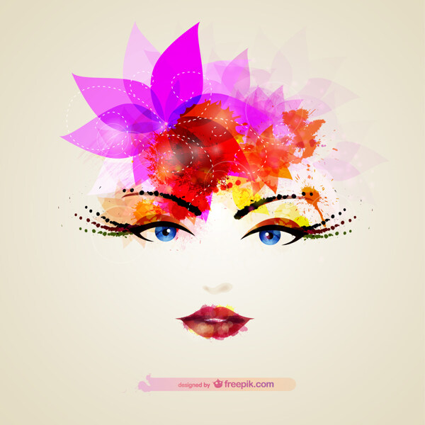 水彩画女人的眼睛和嘴唇的花朵在头发上