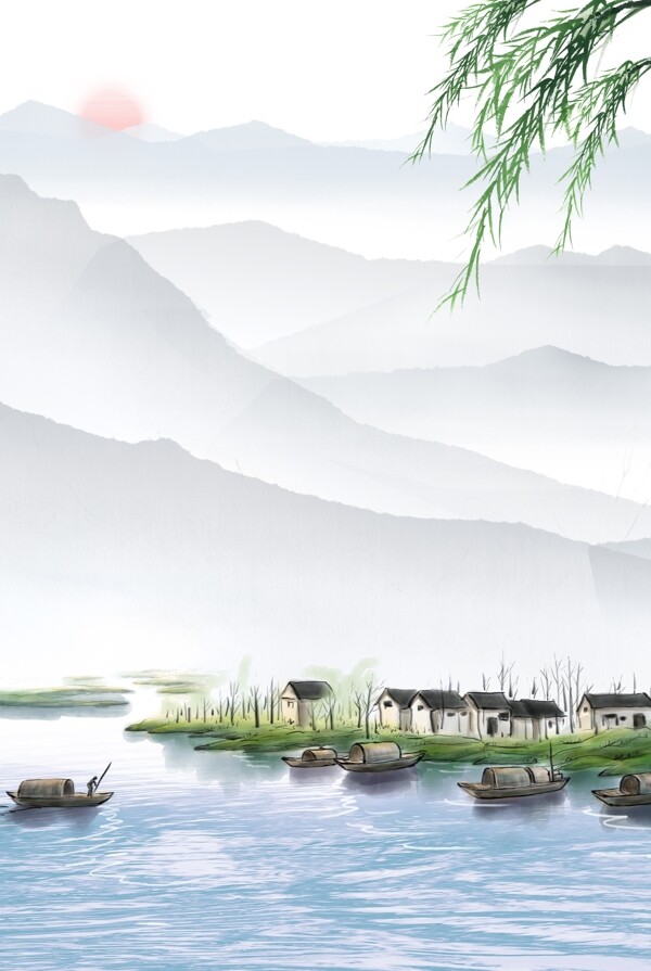 彩色水墨中国风风景海报
