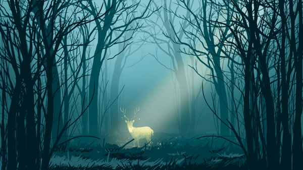 午夜迷雾森林与鹿
