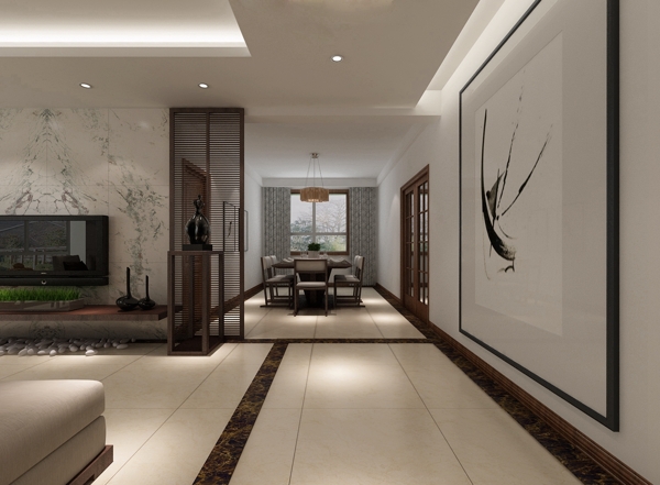 现代时尚客厅花纹白色背景墙室内装修效果图