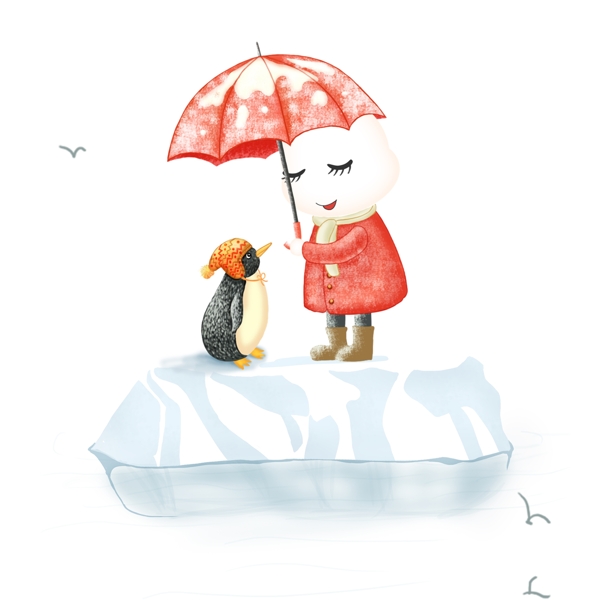 手绘卡通给小企鹅撑伞挡雪花的可爱小白熊