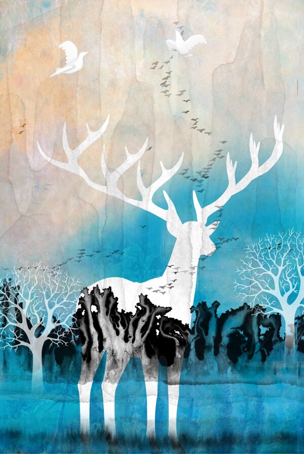 抽象森林麋鹿装饰画