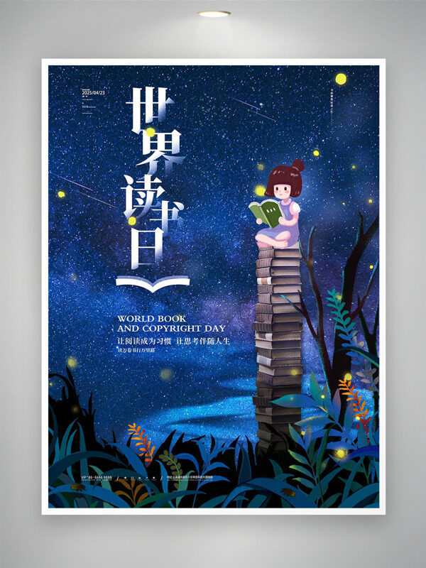 靜謐的夏夜星空螢火蟲創(chuàng)意卡通女生看書插畫世界讀書日海報