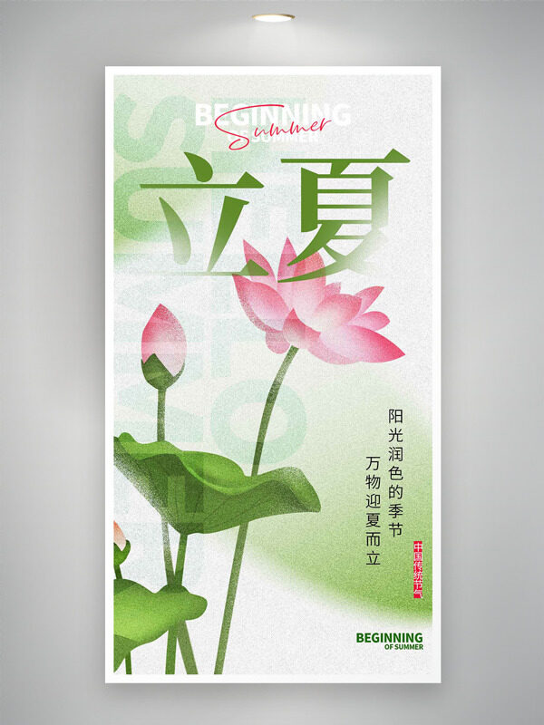 質(zhì)感磨砂背景粉色荷花立夏時(shí)節(jié)海報(bào)