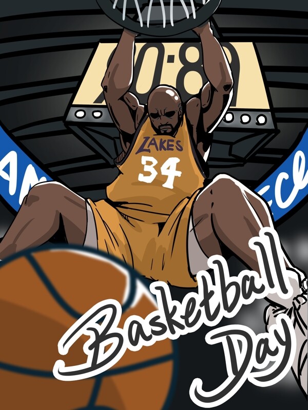 世界篮球日球员扣篮卡通插画