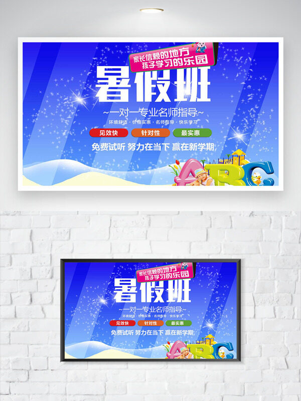 專業(yè)一對一名師指導暑假班藍色背景招生海報