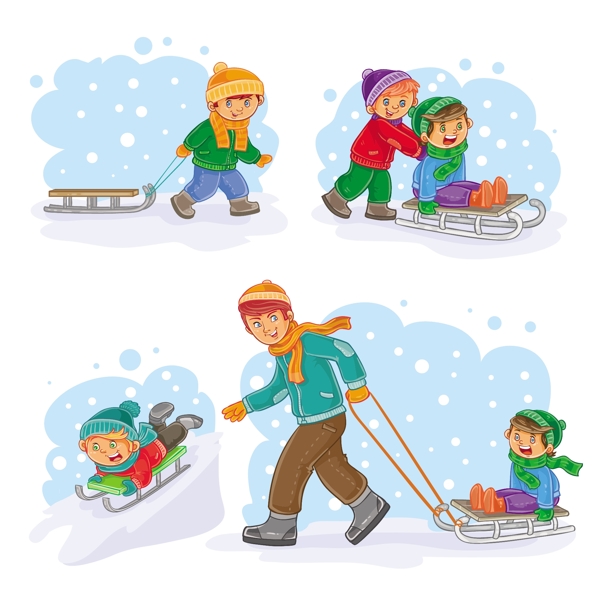 冬季滑雪玩耍卡通人物集合