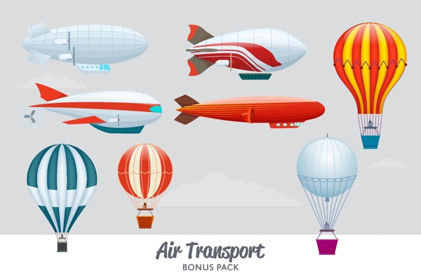 空中气垫船和热气球旅行矢量素材