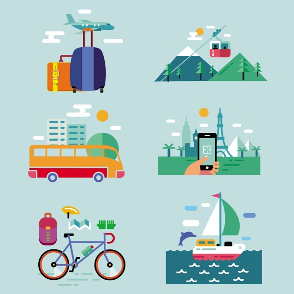 旅游概念图标设计各种风格自由向量