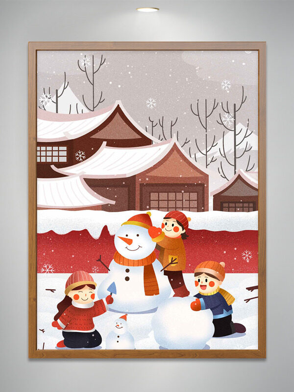 简约手绘扁平建筑可爱孩童雪地堆雪人插画