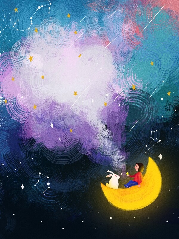 和小兔乘着月亮遨游星空治愈插画