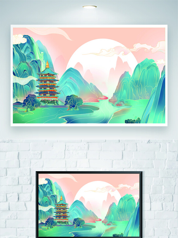 手绘国潮插画山水建筑古塔插画