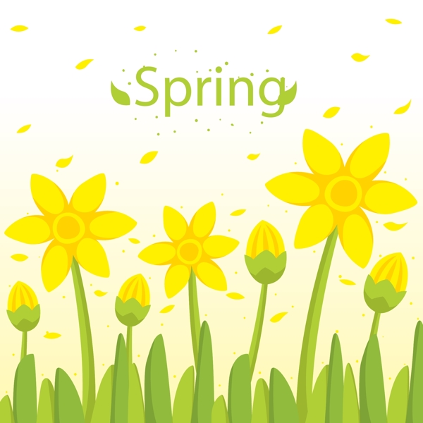 春季黄色花丛和花瓣矢量素材