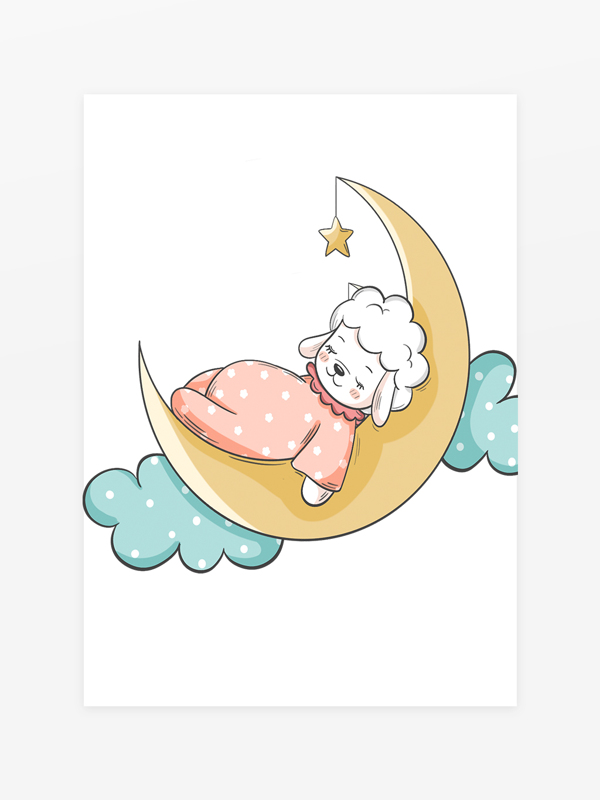在月亮上睡觉的可爱的卡通小羊